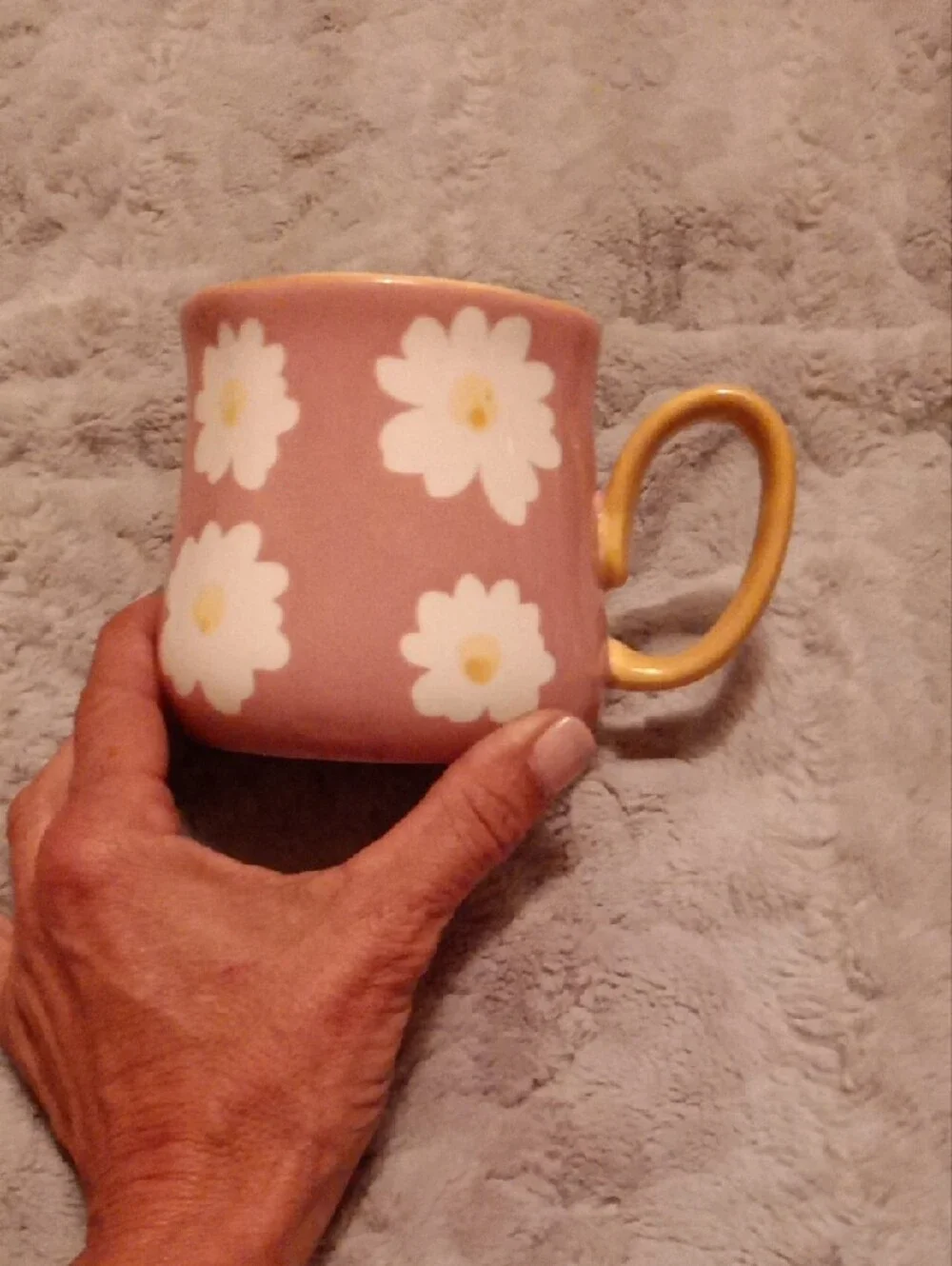 Pink Floral Ceramic Mug with Yellow Handle - Home Accents